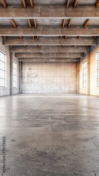 Fototapeta Empty warehouse building interiors in neutral tones with ample copy space. Concept image on commerce, stock, storage and industrial businesses.