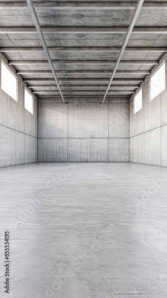 Fototapeta Empty warehouse building interiors in neutral tones with ample copy space. Concept image on commerce, stock, storage and industrial businesses.