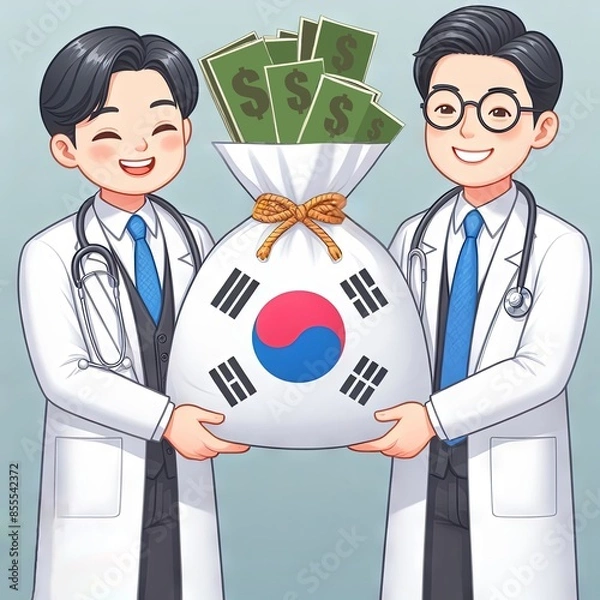 Fototapeta Two smiling animated doctors in white coats are holding a large bag of money, adorned with the South Korean flag