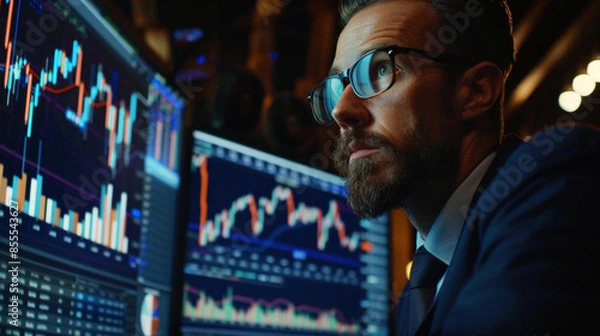 Obraz portrait businessman analysis trade on big monitor