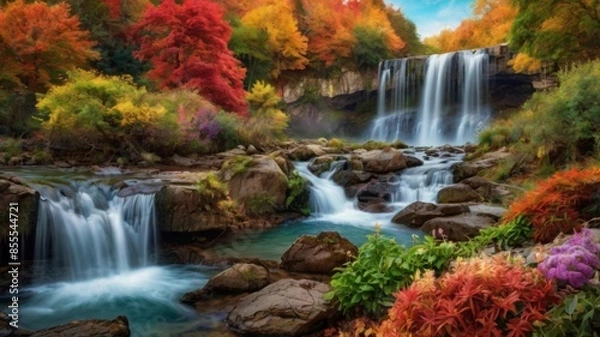 Obraz A fantasy landscape featuring a majestic waterfall surrounded by vibrant autumn trees and beautiful flowers.
