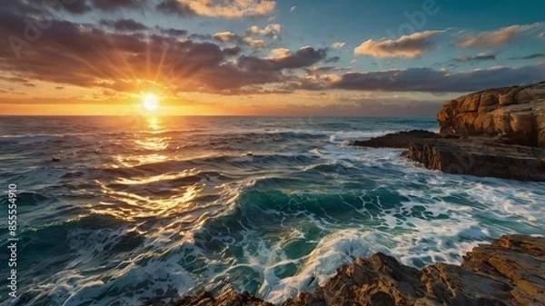 Fototapeta coastal sunset with tide ai generated