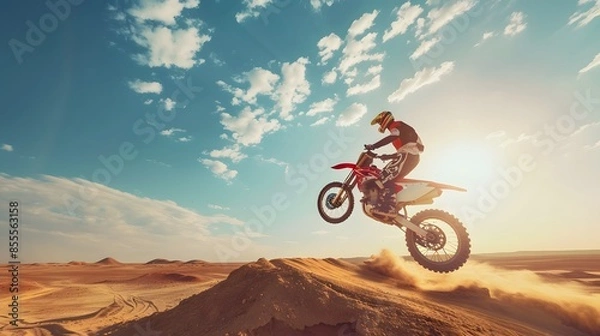 Obraz Extreme motocross Rider riding. motocross race bike in action on dirt track. in the desert. by ai generative