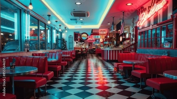 Fototapeta A retro diner-themed coffee shop with checkered floors, neon signs, and vintage diner booths, set in a nostalgic 1950s setting.
