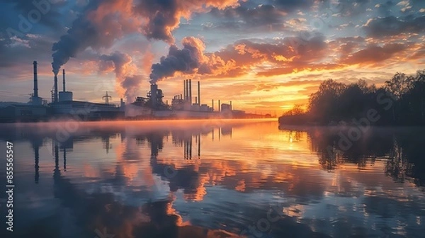 Fototapeta A serene lake surrounded by factories, smoke from industrial activities reflecting on the water
