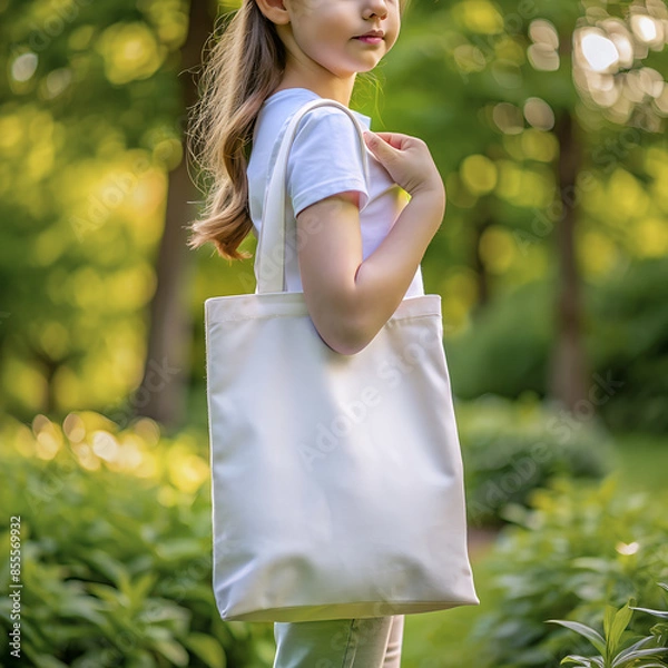 Fototapeta Tote bag mockup. Girl carrying reusable white cotton linen eco organic fabric canvas blank totebag with natural green leaves trees background. AI generated