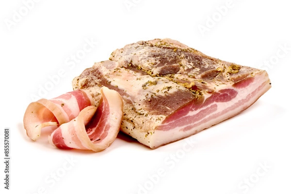 Fototapeta Homemade salted pork belly with garlic and spices, isolated on white background.