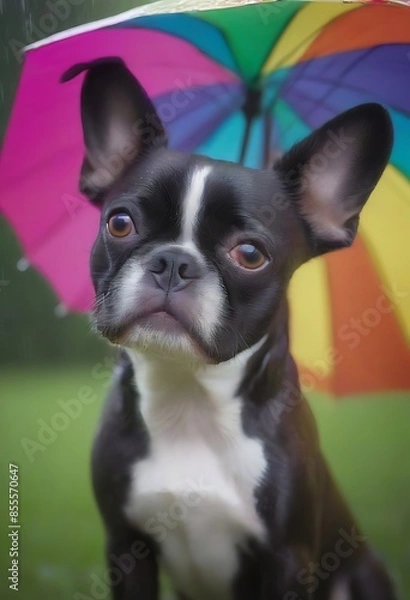 Obraz A cool Boston Terrier peeking out from a colorful umbrella on a rainy day with raindrops splashing around pet photography ad