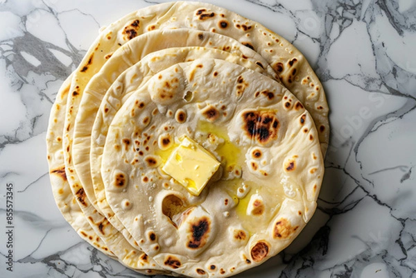 Obraz Stack of freshly cooked roti with butter on a marble surface