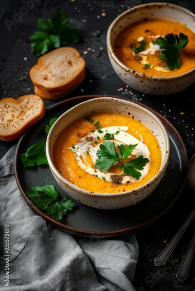 Fototapeta Two Bowls of pumpkin soup in a close-up view, set against a dark background.