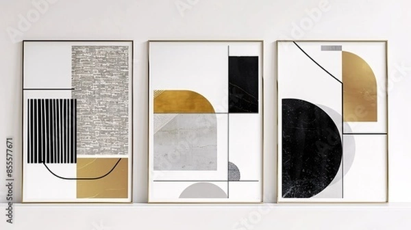 Fototapeta Three minimalistic abstract art posters arranged horizontally on a white wall. The posters showcase bold lines and basic shapes in contrasting colors of black, white, and gold, creating a striking