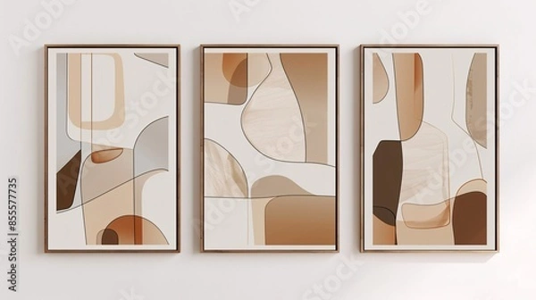 Fototapeta A set of three abstract art posters with minimalistic designs, positioned side by side on a white wall. Each poster features abstract forms in neutral colors, with a focus on negative space and clean