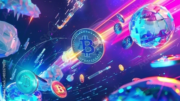 Fototapeta crypto illustration wallpaper, shiba, bitcoin, etherium, doge for website banners, article images about crypto, advertisements about crypto, crypto investment