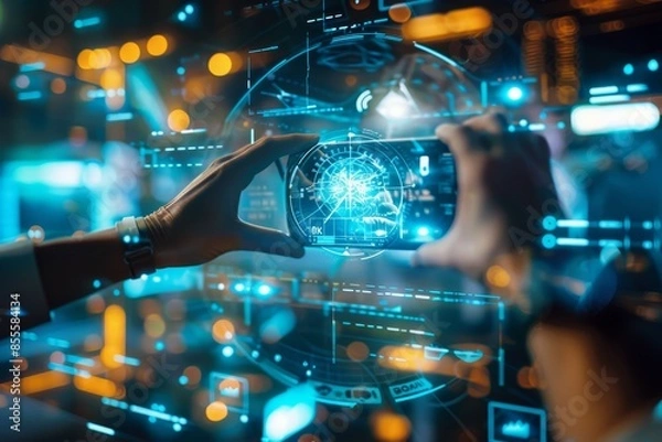 Fototapeta A person is holding a smartphone in their hand, looking at the screen, A seamless integration of technology and creativity