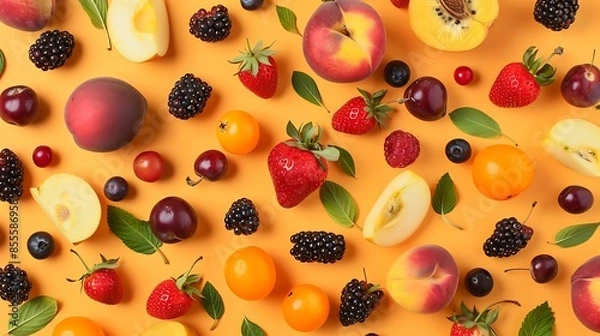 Fototapeta Top view of various types of tropical fruits on orange background directly above shot of a blackberries raspberries strawberries plums peaches apricots and apples