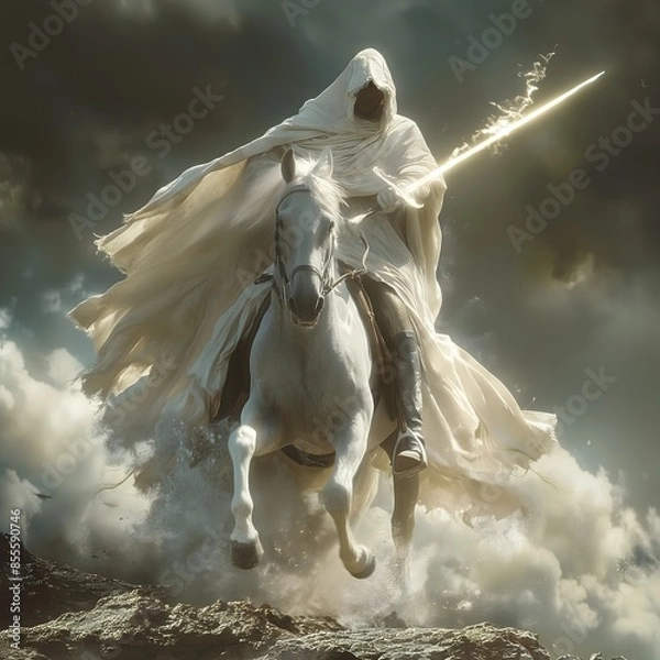 Fototapeta The First of the Four Horsemen of the Apocalypse, Riding a White Horse as a Symbol of Conquest. Bible illustration from the Book of Revelation