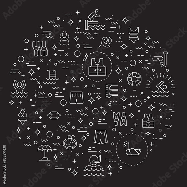 Fototapeta Simple Set of swimming and pool Related Vector Line Illustration. Contains such Icons as diving, summer, beach activity, swimsuit, bikini, trunks, swimming cap, glasses, flippers, swim and more.