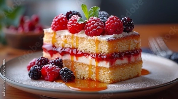 Fototapeta A luxurious slice of Tres Leches cake, served with fresh berries and a drizzle of caramel sauce, gourmet dining experience, rich textures and flavors, elegant table setting, hd quality, vivid style