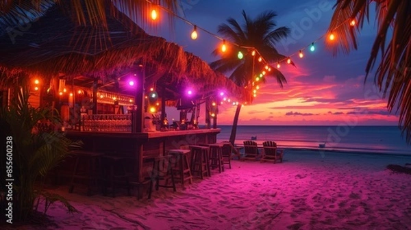 Obraz a bar on a beach with palm trees and lights