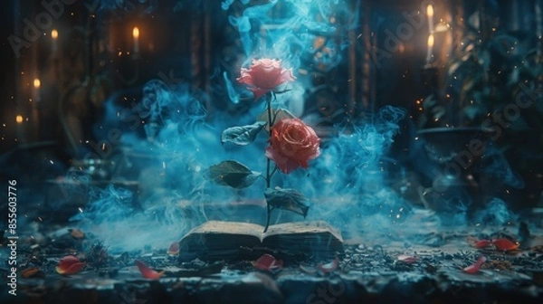 Obraz A Rose Blooms From an Ancient Book in a Mystical Setting