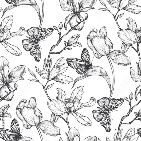 Fototapeta Beautiful hand drawn vector seamless pattern with black and white garden flowers, butterflies. Endless background with spring garden plants