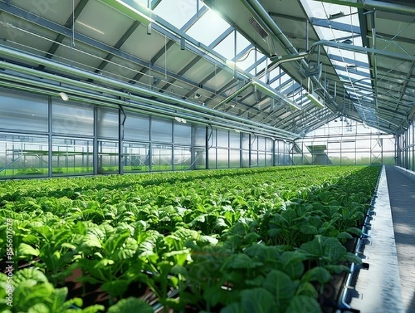 Fototapeta  Modern agrocomplex with advanced crop cultivation technologies: large, bright facility for high-tech agricultural production. state-of-the-art controlled environment for optimal growth. 