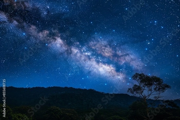 Fototapeta Clear night sky displaying numerous stars and the luminous band of the Milky Way, A starry night sky with the Milky Way stretching across it