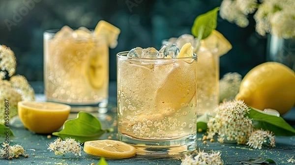 Fototapeta Light Elderflower Sparkle with elderberry cordial and lemon