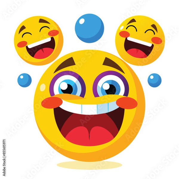 Fototapeta Collection of four joyful emojis with open mouths, wide smiles, blush, and blue bubbles. Center emoji has a prominent grin, surrounded by slightly smaller ones
