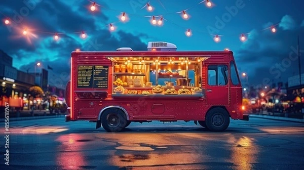 Obraz Red Food Truck at Night with String Lights