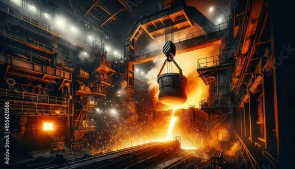 Fototapeta industrial foundry scene, featuring a large crane-operated ladle pouring glowing molten metal into a mold. Sparks and molten splashes