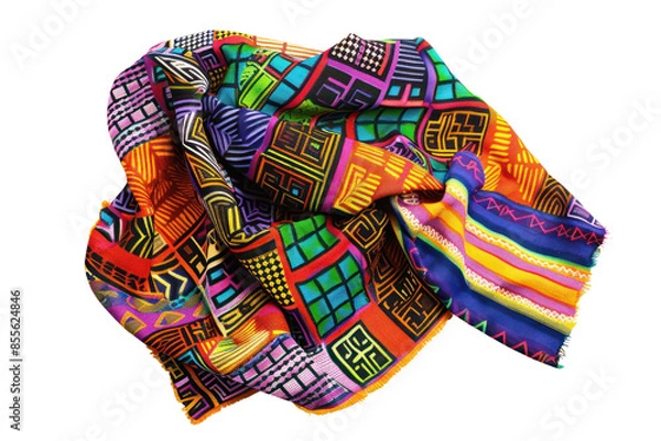 Fototapeta Vibrant, colorful fabric scarf with traditional ethnic patterns, perfect for fashion and accessory design use.