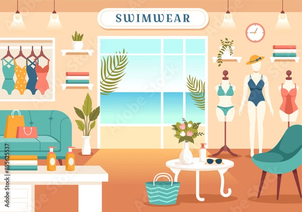 Fototapeta Swimwear Vector Illustration featuring a Variety of Bikini and Swimsuit Designs for Both Women and Men at the Summer Beach in a Flat Style Background