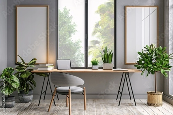 Fototapeta Stunning space with work area, artwork, seating, and potted plant.