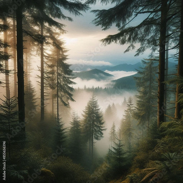 Obraz Trees with light fog 