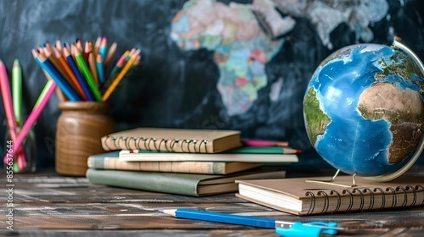 Fototapeta Back to school concept with earth globe, books, notebooks, colorful stationery, and educational supplies on a blackboard chalkboard background. Learning essentials and stack of books on wooden desk