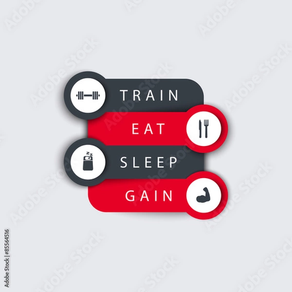 Fototapeta Train, Eat, Sleep, step labels with icons in red and dark grey