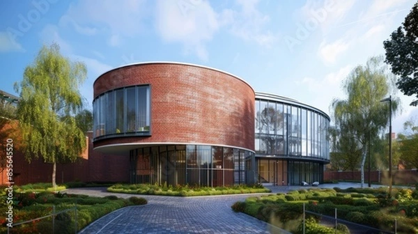 Fototapeta Contemporary red brick and glass convex building with modern architectural design in an urban setting, featuring reflective windows and sleek curved structure, ideal for commercial real estate, corpor