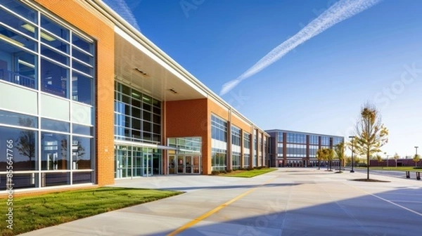 Obraz American school building exterior in daylight, architecture and educational facilities concept