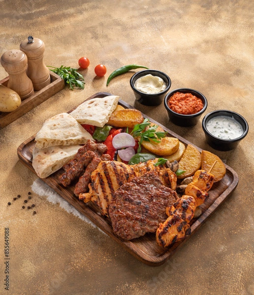Fototapeta Assorted mix grills with tikka boti seekh kabab of chicken, beef, lamb, mutton bbq platter served in dish isolated on table top view of arabian food