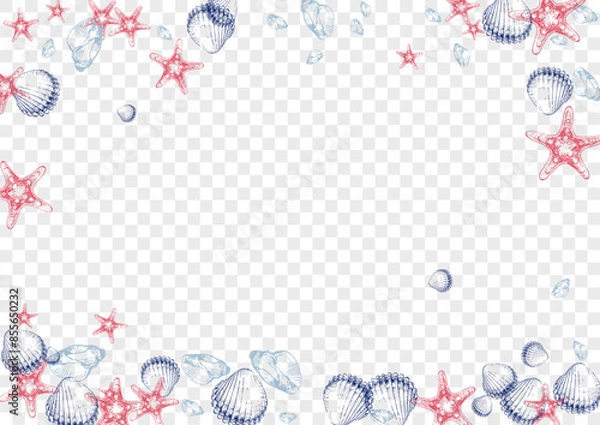 Obraz Red Scallop Background Transparent Vector. Shellfish Doodle Textile Card. Drawing Illustration. Blue Seashell Cute Pattern. Orange Oyster.