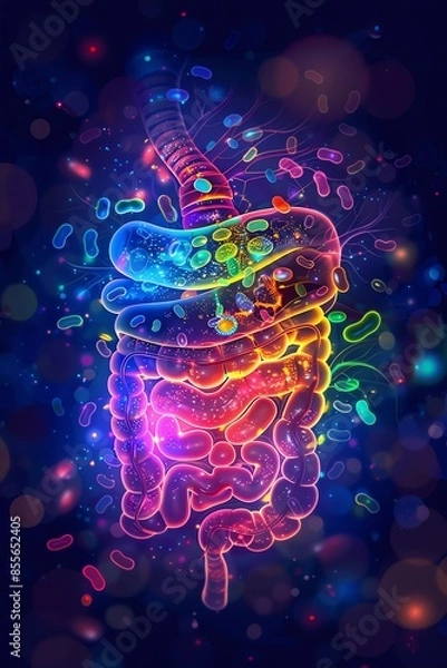 Obraz Colorful illustration of the human digestive system highlighting gut flora and microbiome on a vibrant abstract background.