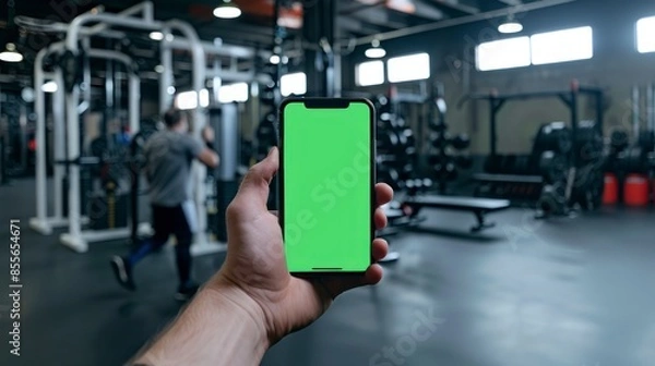 Fototapeta Hand holding a green-screened phone in front of a powerlifting gym, screen facing the camera.