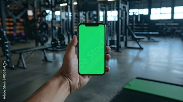 Fototapeta Cell phone with a green screen held by a hand, powerlifting gym equipment in the background.
