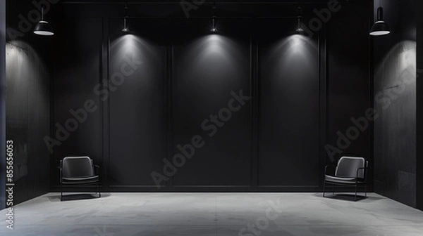 Fototapeta Empty modern minimalist photo production studio with black background. Background image. Created with Generative AI technology.