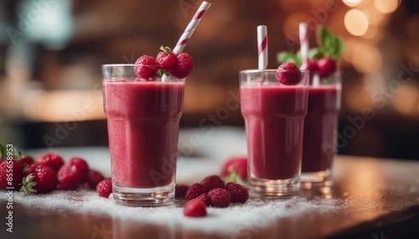 Fototapeta view of elegant Healthy appetizing red smoothie dessert in glasses