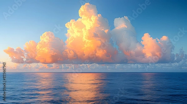 Obraz Cirrus clouds are tinged pink by the sun at sunset over a calm blue sea