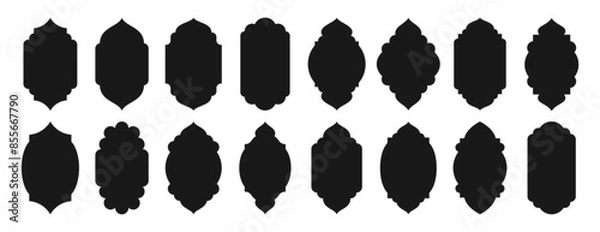 Fototapeta Traditional islamic window shapes in oriental style. Set of black silhouette eid mubarak decorative arches, mosque borders or moroccan gates. Arabic muslim architecture design elements, ramadan frames