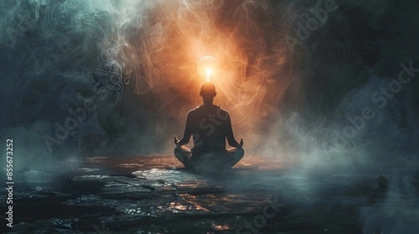 Fototapeta Silhouetted Figure Meditating with Glowing Light Bulb Above Representing Enlightenment and Inner Ideas