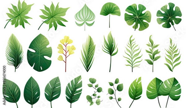 Fototapeta Various green leaves and tropical leaves on a white background or leaf shapes and textures